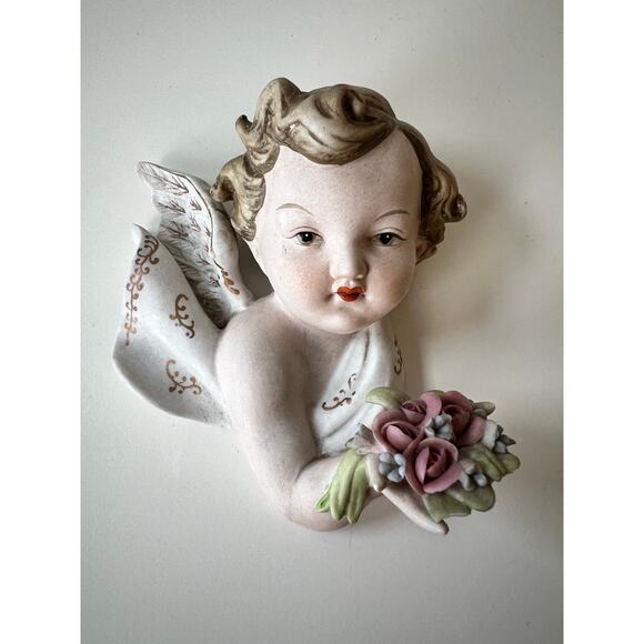 Antique Lefton Porcelain Angel Japan Wall Hanging Holding Flowers - Picture 8 of 9